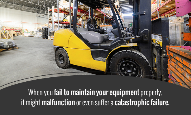 Unoccupied forklift inside of a warehouse.