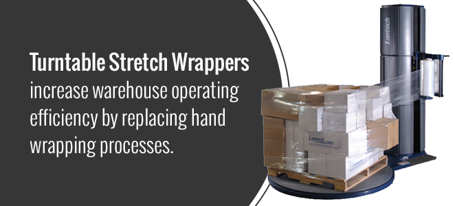 A large warehouse stretch wrapping system.