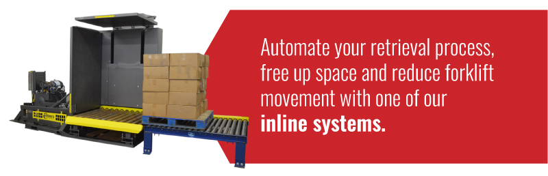 An inline warehouse retreival system with boxes on pallet and system.