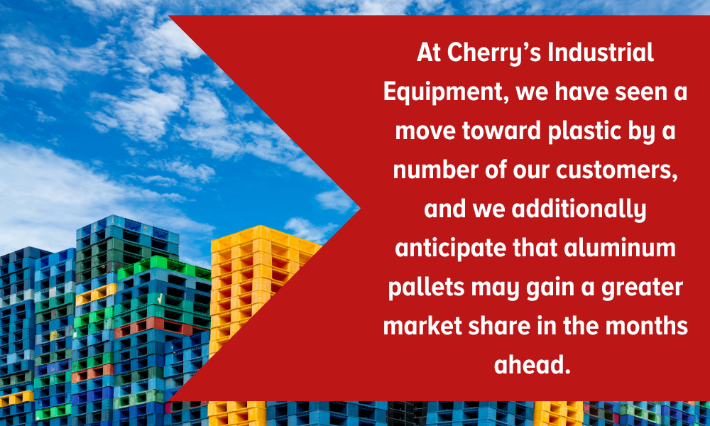 At Cherry’s Industrial Equipment, we have seen a move toward plastic by a number of our customers, and we additionally anticipate that aluminum pallets may gain a greater market share in the months ahead.