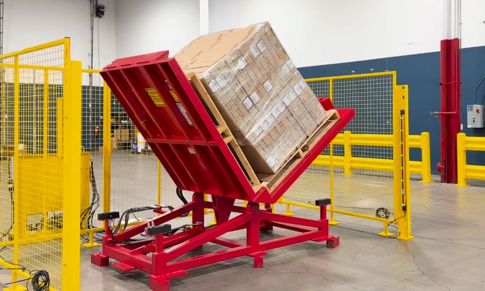 Type 3 tipper for tipping boxes on edge onto another pallet to lay flat